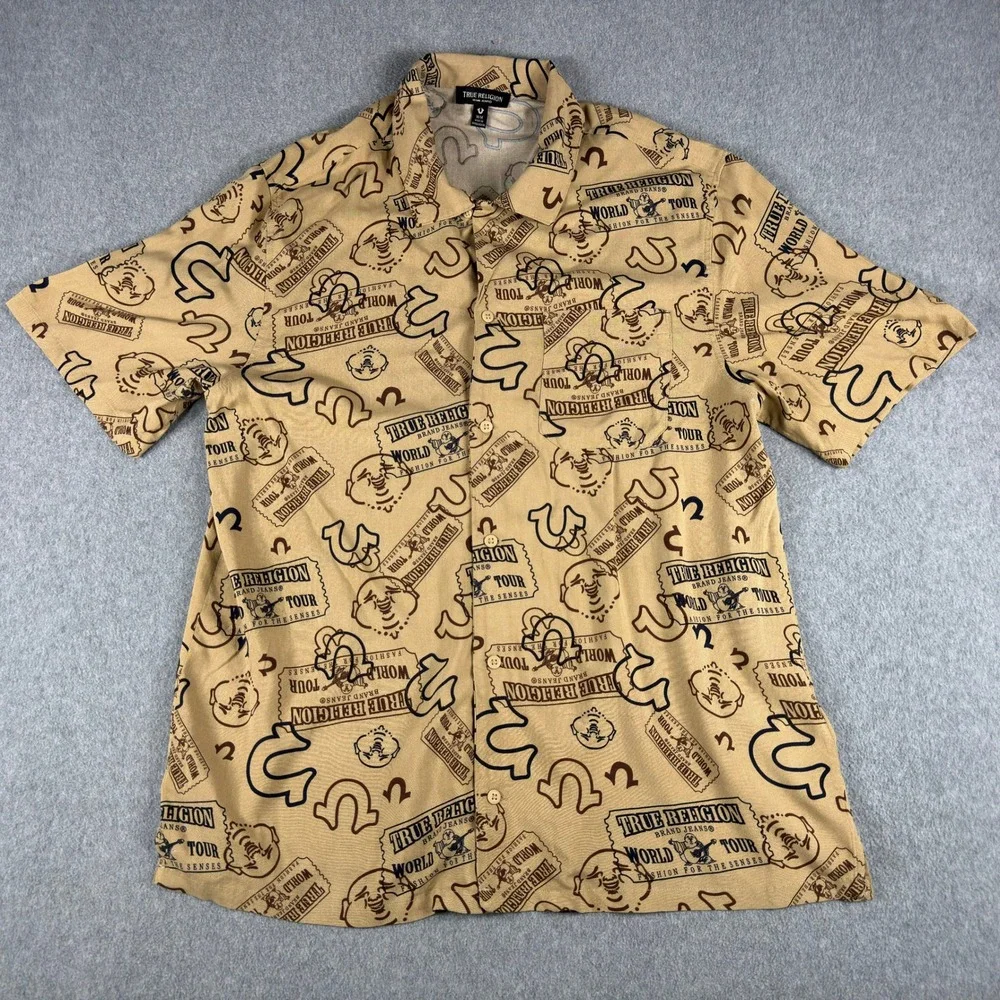 True Religion Camp Shirt Mens M Collar Resort Viscose Hawaiian Ticket AOP